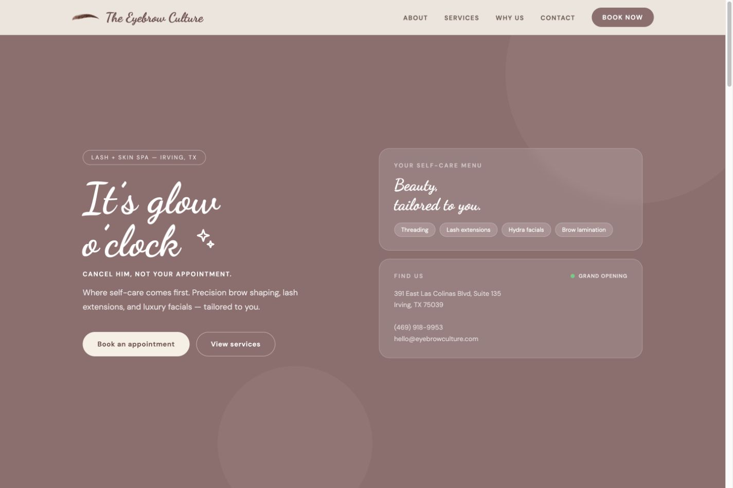 The Eyebrow Culture website homepage featuring its It’s glow o’clock campaign